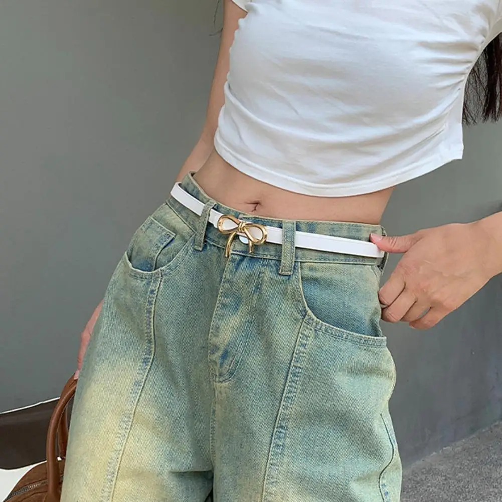 Cinto de arco elegante metal bowknot decorado cinto de imitação de couro feminino com furos ajustáveis cintura fina para roupas elegantes