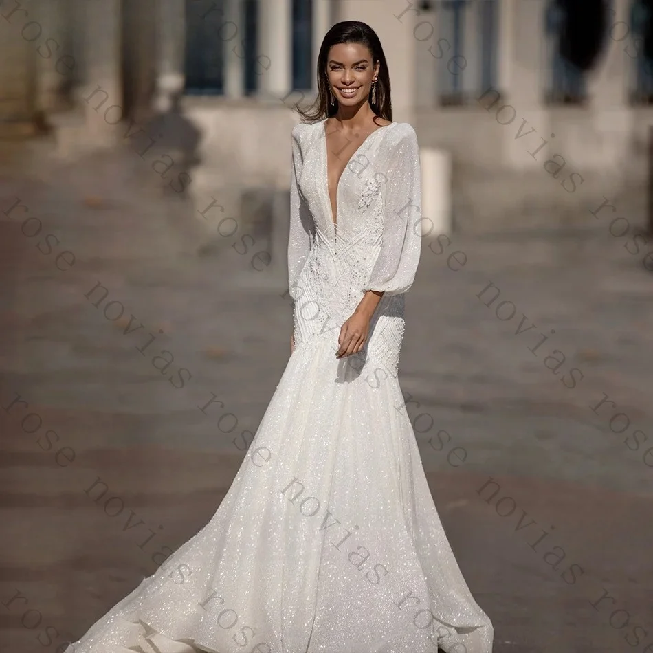 Customized Sequin Wedding Dress Deep V Neck Puff Full Sleeve Mermaid Bridal Gown Sparkly Vestidos De Novia 2026 Luxury