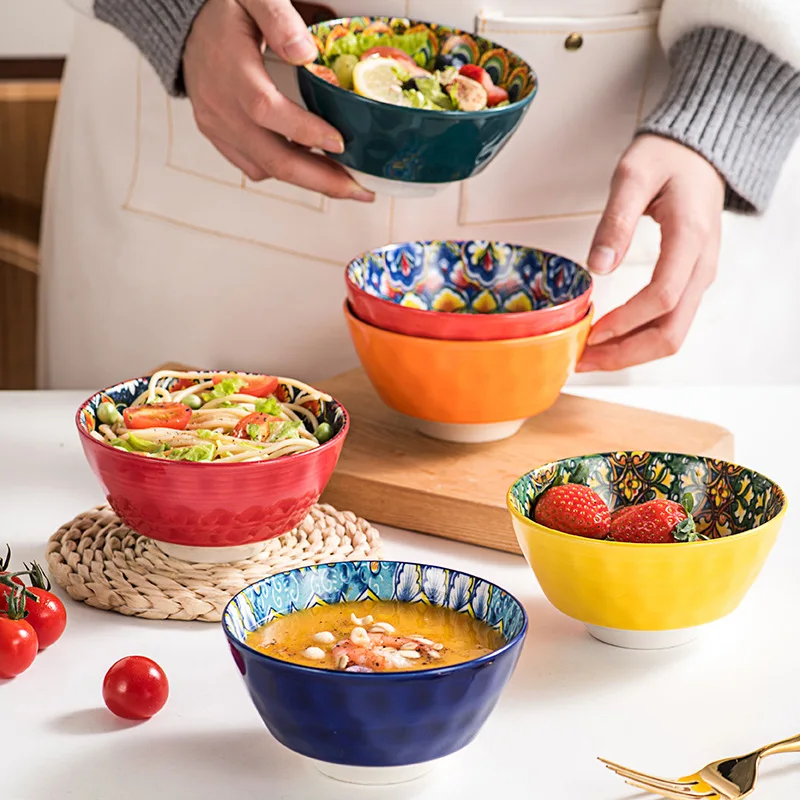 Decorative Tray Vintage Boho Ceramic Bowl Set Bohemian Pattern Tableware For Kitchen Food Serving Rice Soup Salad Table Display
