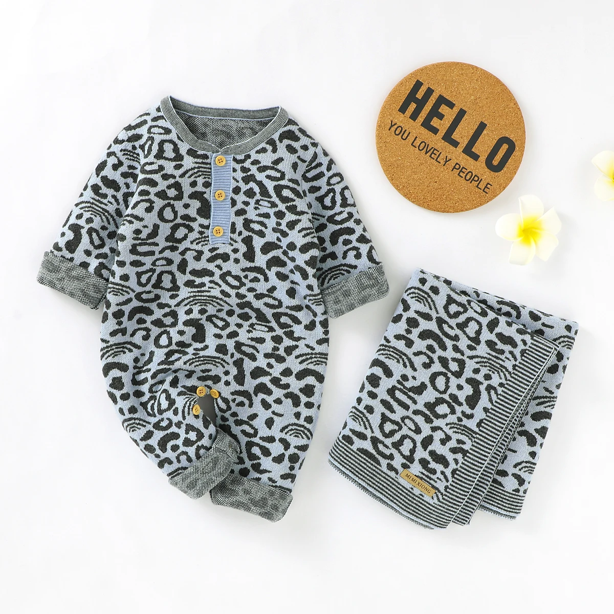 Cotton Baby Romper Blanket Knit Newborn Girl Boy Long Sleeve Jumpsuit Quilt 100*80CM Infant Clothes Set Fashion Leopard Print 2p