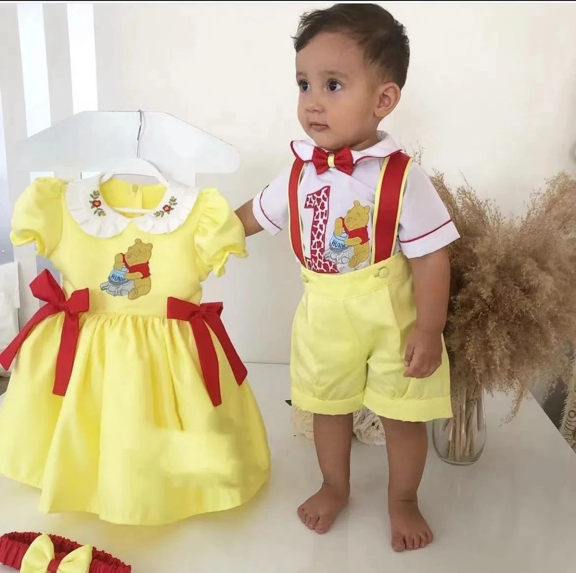 

0-12Y Baby Girl Summer Yellow Bear Turkish Vintage Princess Dress Boy Suit for Birthday Holiday Easter Photography Eid