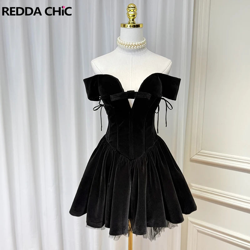 REDDACHiC Velvet Black Short Dress for Woman One-shoulder Bow V-neck Boned Corset Tulle Mini Dress Birthday Party Formal Clothes
