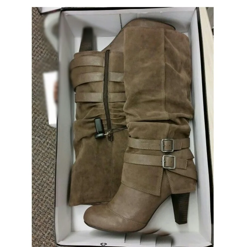 Brown Buckle Knee High Matte Boots Round Toe Chunky Heel Fashion Sexy Cool Winter Big Size 2025 Woman Shoes Zapatillas Mujer