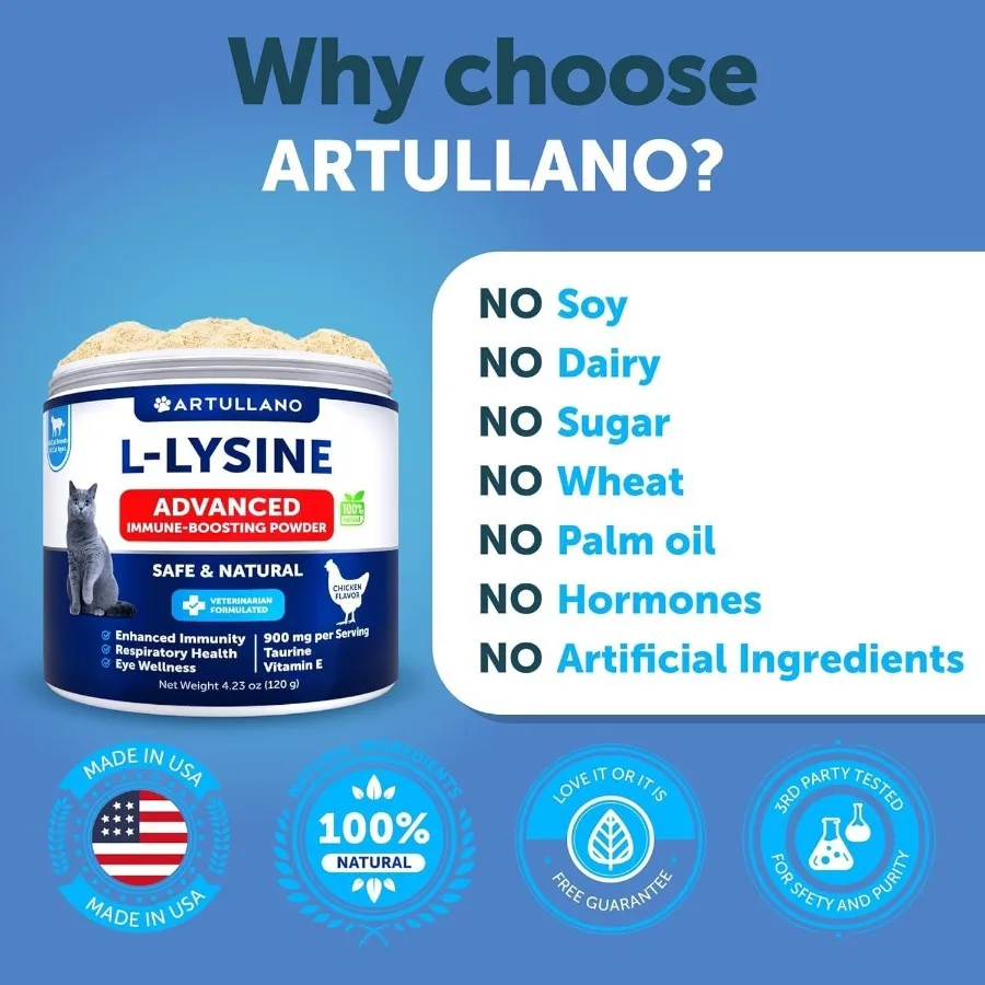 L Lysine للقطط ملحق مسحوق Lysine 900 ملغ يقدم دعم المناعة للقطط والقطط والعطس والأنف المائي والعيون المائية