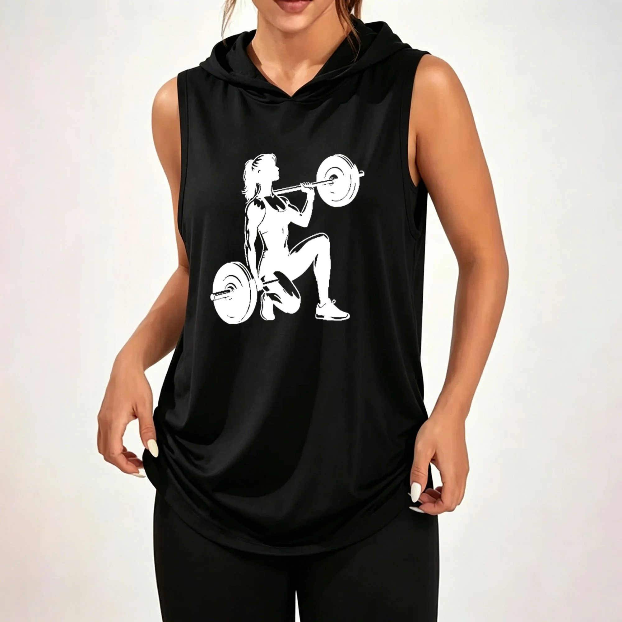 Unisex sleeveless hoodie featuring a graphic of a girl lifting a barbell while kneeling; 100% polyester, loose-fit athletic top.