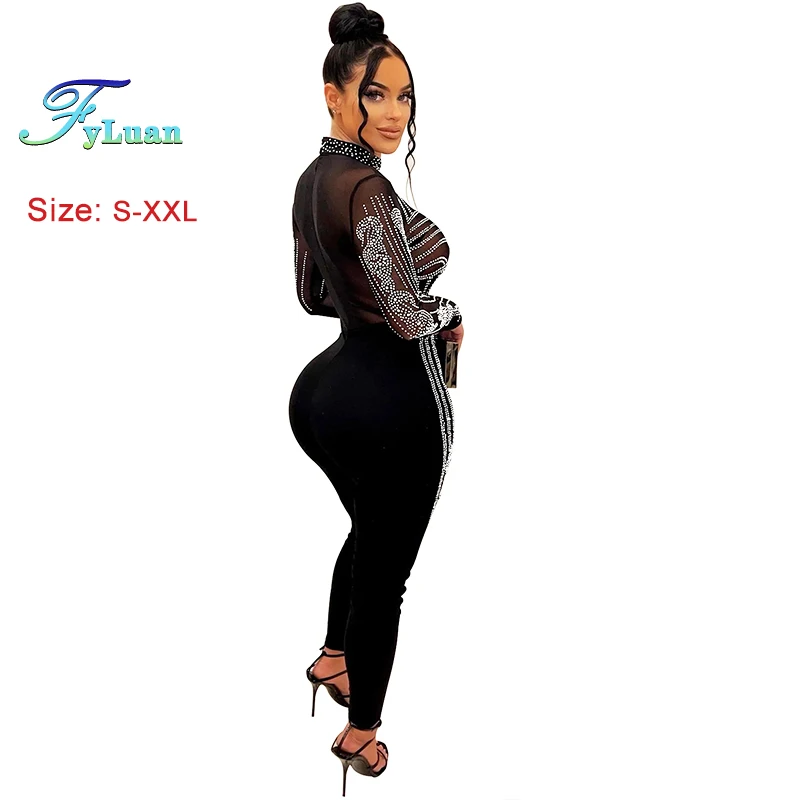 2025 繊細な女性ジャンプスーツタイトフィット長袖メッシュ透視パンツセット O ネックホットラインストーンクラブカジュアルオーバーオール