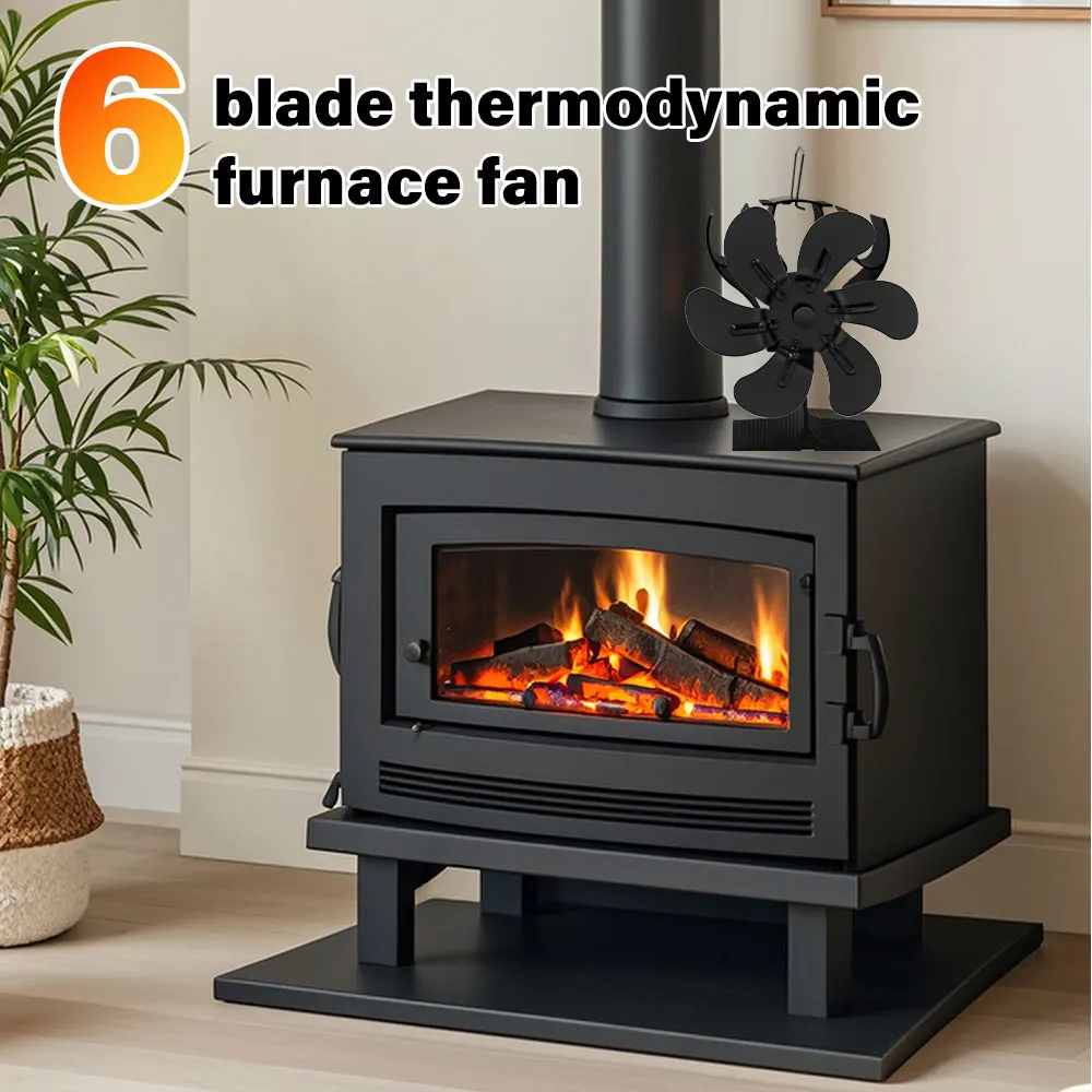 Black 6 Blades Heat Powered Stove Fan for Log Wood Burner Fireplace Efficient Heat Distribution Eco Quiet Winter Warmer Home