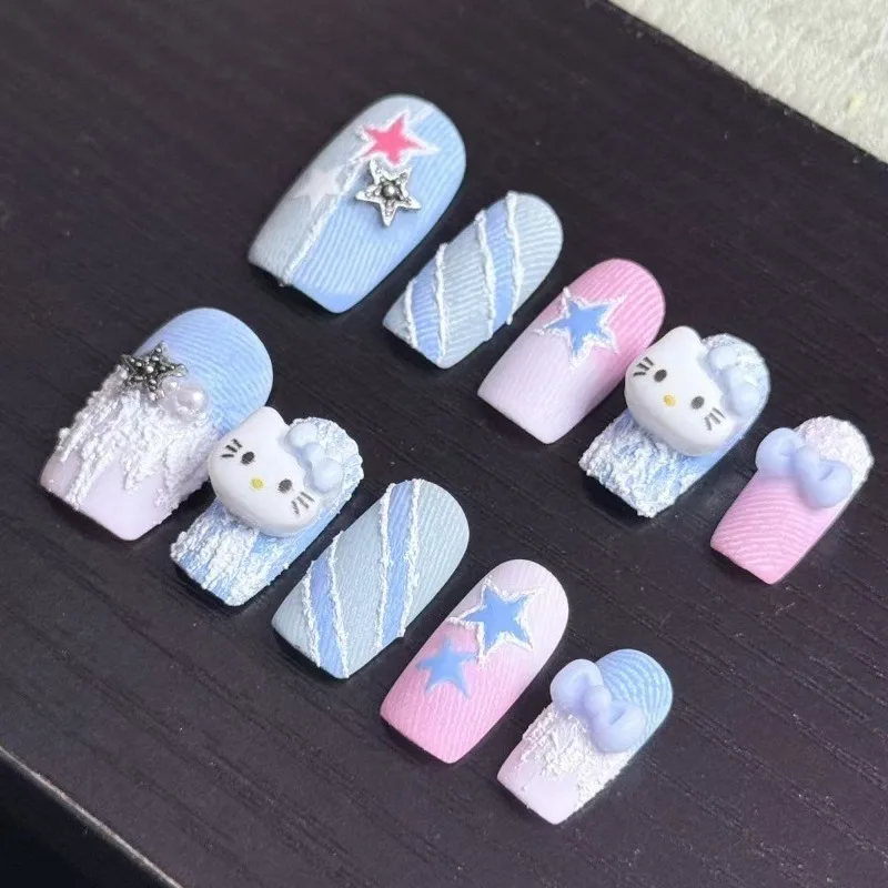 

10Pcs Cute Nails Press Ons HelloKitty Blue Acrylic False Nail Tips Ballet Full Cover Manicure Kawaii Girl Handmade Fake Nail