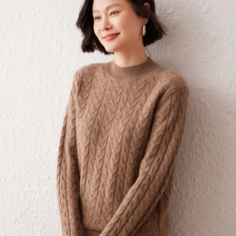 100% سترة الكشمير المعنقة نصف الياقة المدورة المرأة البلوز سترة الخريف الشتاء جديد الثقيلة الحرفية كابل متماسكة سترة طويلة الأكمام #3