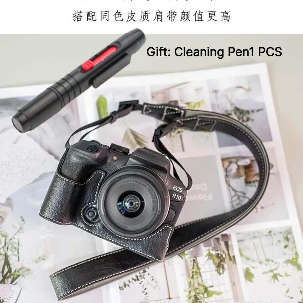 For Canon EOS R10 PU Leather Case Accessories r10 Protective case Micro-single camera bag, Half set Case +1PCS Free Cleaning Pen