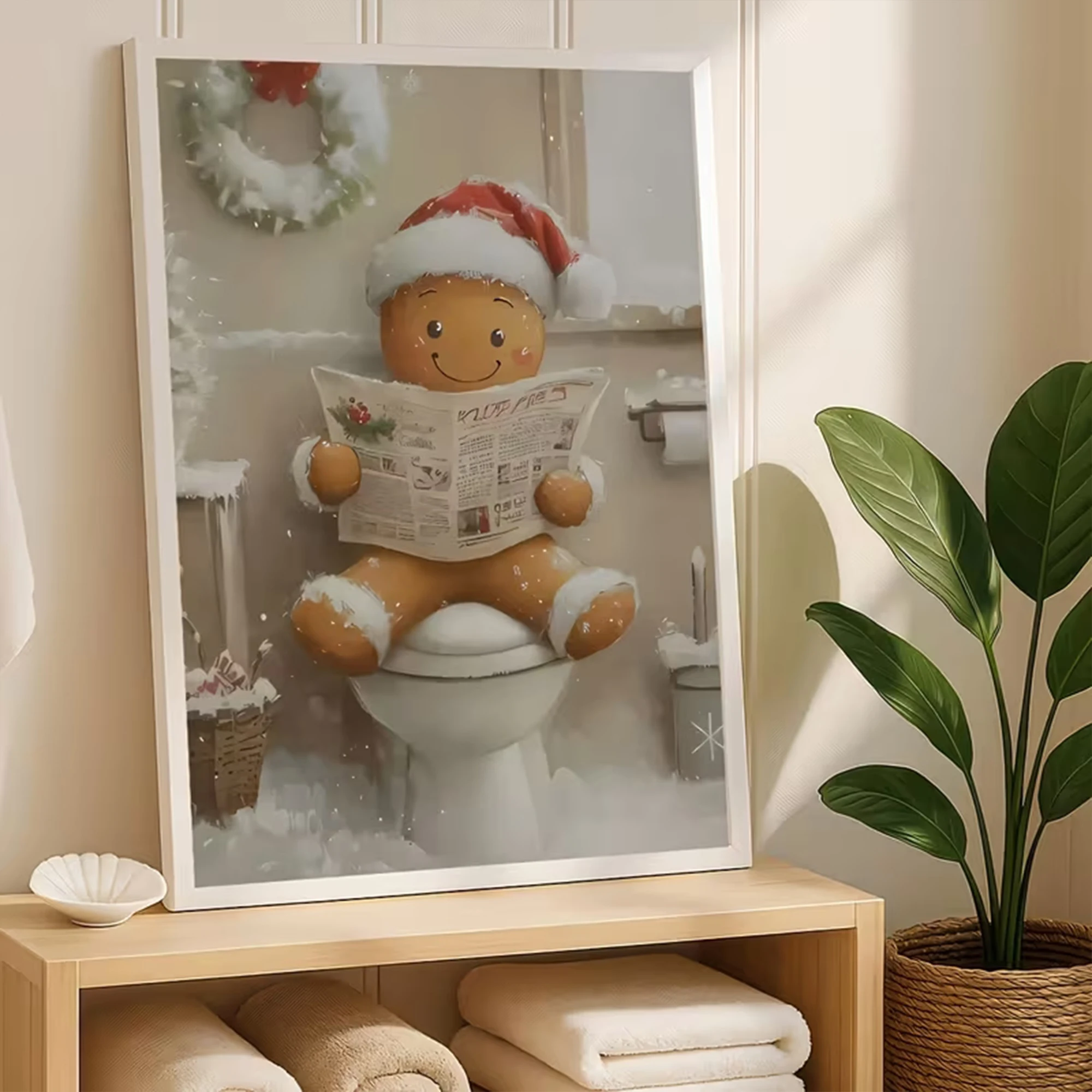 Retro Snowy Toilet Gingerbread Man Wall Art Print Canvas Painting Poster Picture For Living Room,Bedroom Home Decor