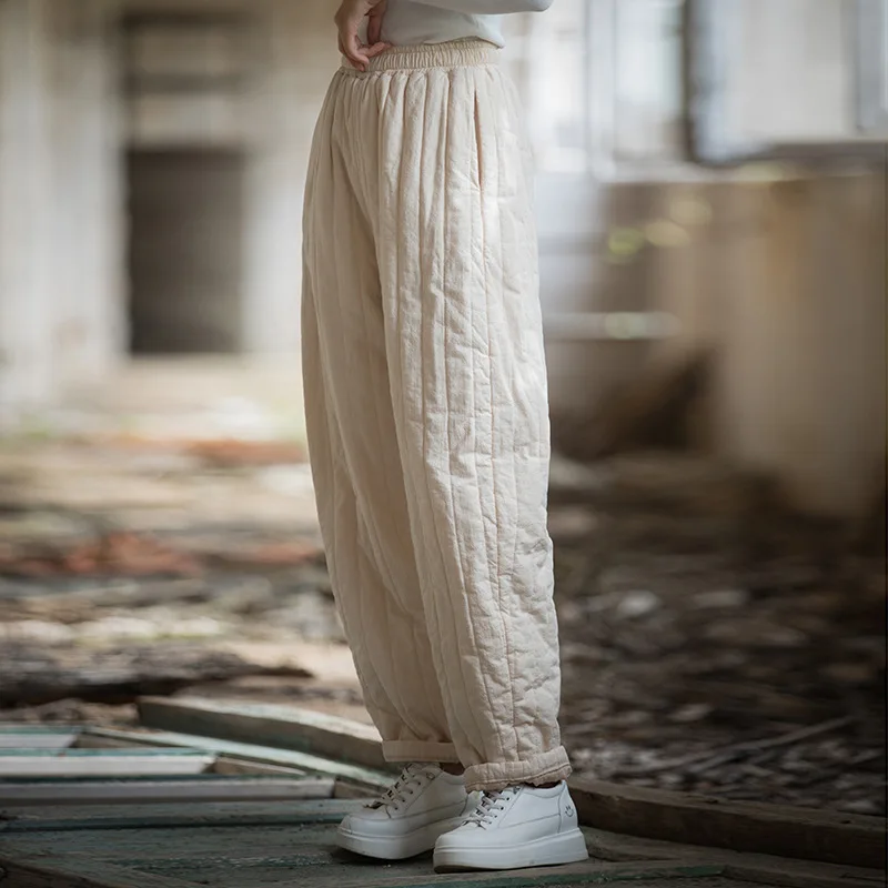 

Winter Cotton Linen Women's New Cotton Padded Thick Warm Casual Pants Quilted Vertical Grid Women's Cotton Pants Y2k Trousers