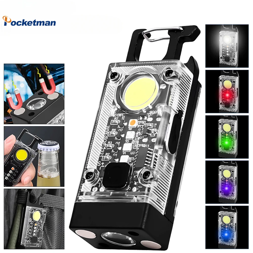 Portable Pocket Keychain Light Solar Rechargeable Work Light Emergency Magnetic Handlamp Outdoor Repaire Camping Torch Corkscrew