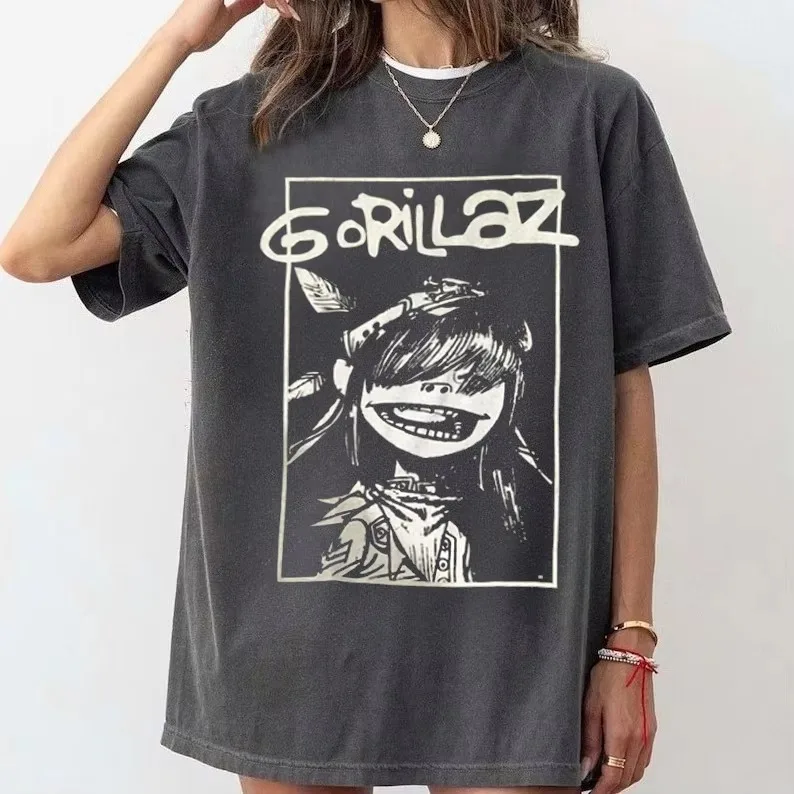 2-D Monochromatic Portrait Gorillaz Rock Band Graphic T-Shirt Cotton Men Women Streetwear Tee