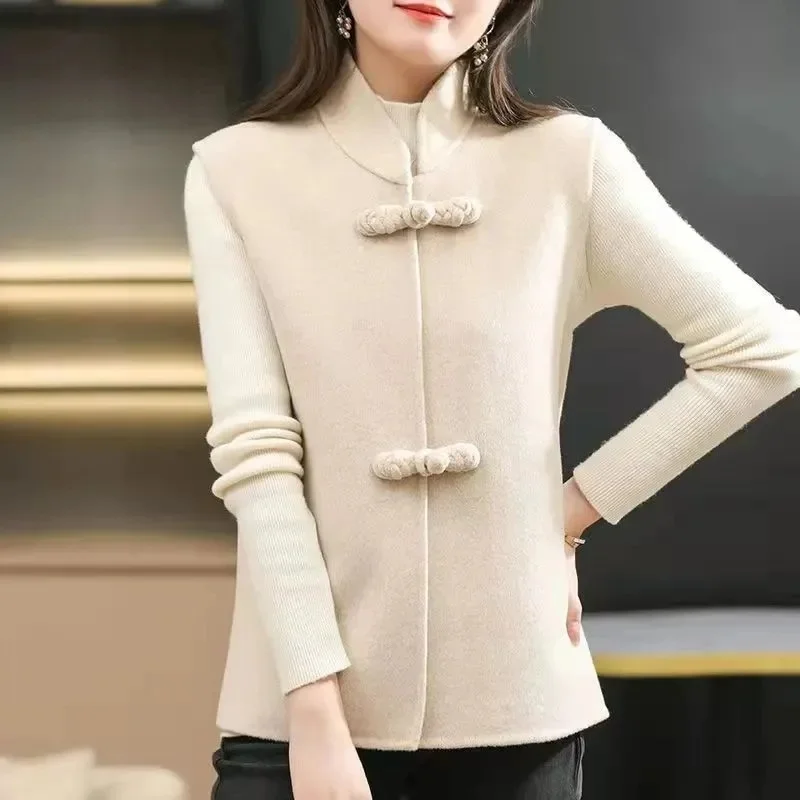 Vested Women\'s Autumn and Winter New Chinese Style Woolen Fabric Slim and Versatile Waistwear Woolen Vest Short Button Coat Red