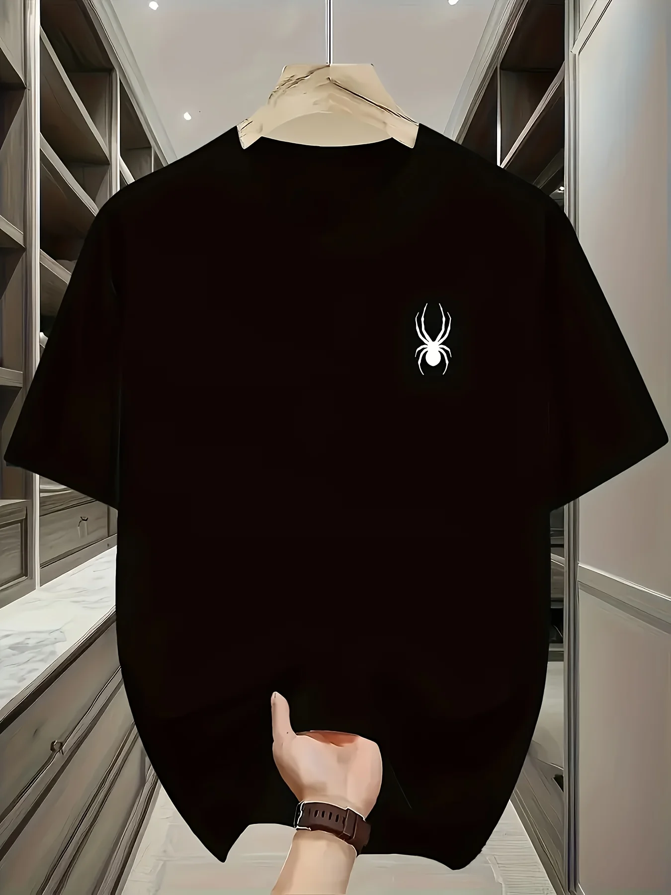 Round Neck Short Sleeve T-Shirt, with Spider Pattern Print on The Right Side. Spider Elements Are Often Associated with Mysterious And Unique Styles. This Small-Scale Pattern Design Adds a Touch of And Fun to The Easy T-Shirt