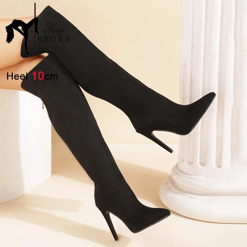 Knee-High Pointed Toe Women Boots 2023 Autumn Winter Suede High Heels Large Size Grey Models Shoes Back Zip Long Tube Boots