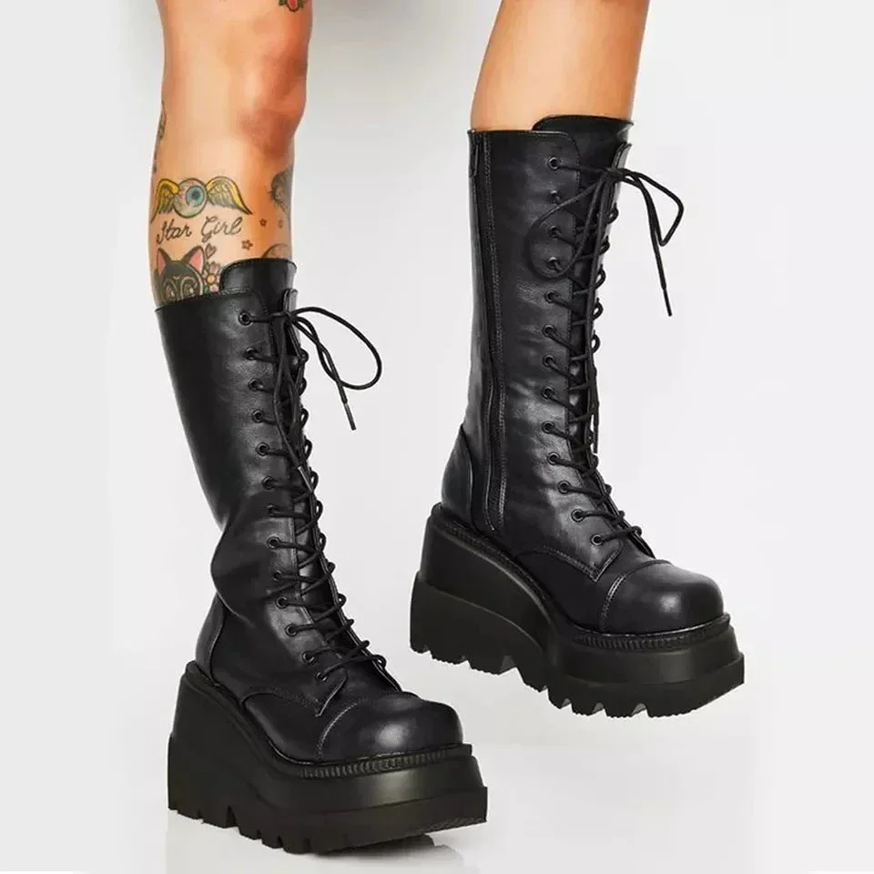 Botas de plataforma Punk para mujer, botas elásticas de microfibra con tacón grueso a media pantorrilla para mujer, zapatos góticos negros de marca