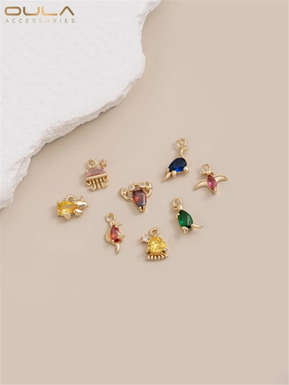 14K Gold-Color Plated with Color Zirconium Dinosaur Sea Creature Jellyfish Octopus Small Pendant Diy Jewelry Pendant