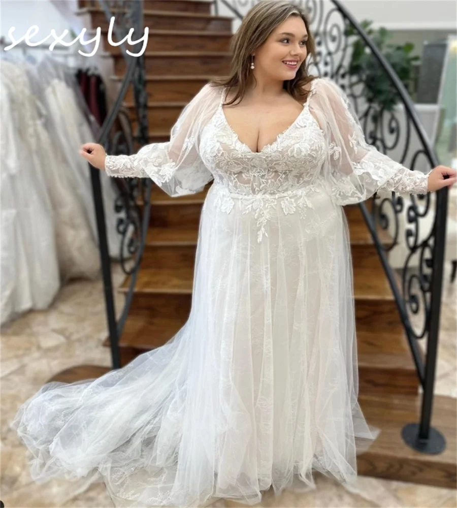 

Deep V Neck Plus Size Wedding Dresses 2024 Long Sleeve Backless Sweep Train Appliques Lace Bohemian Bridal Dress Elegant Bride