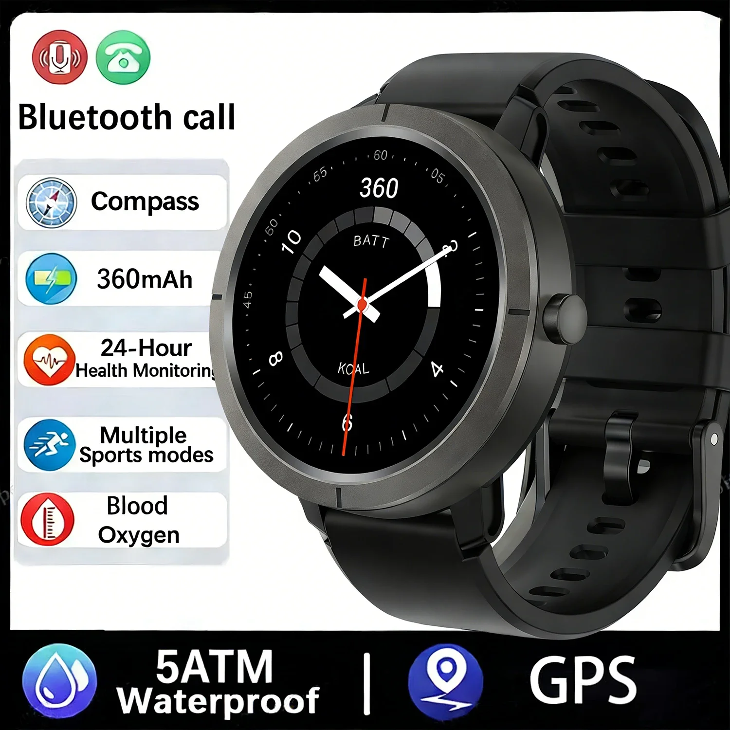 AMOLED 1.32" GPS Smartwatch Military Watch 5ATM Waterproof with Compass Barometer 170 Sport Modes Call Functionality And Altitud