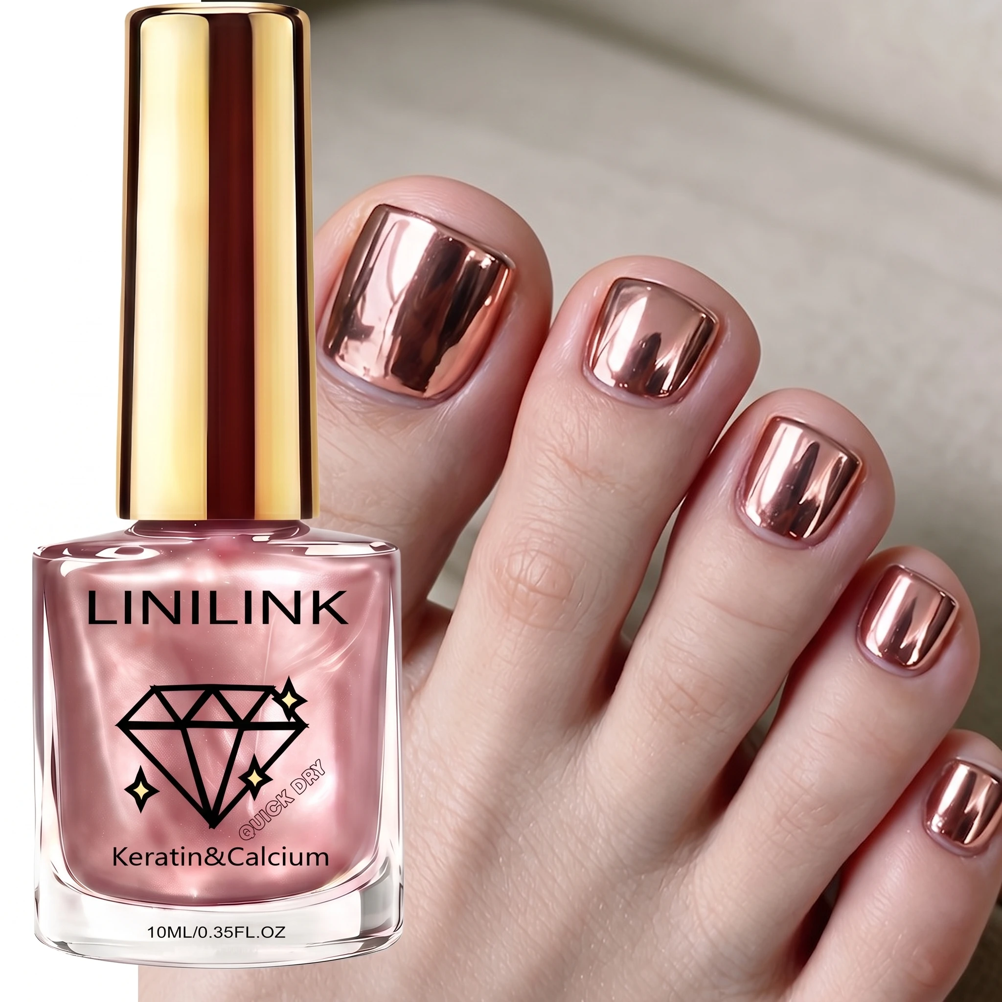 10ml champagne Rose Gold Metallic Polish, No-Bake Quick-Dry, Silky High-Shine, Cyberpunk, Salon Home, for Weak/Soft Nails, Must