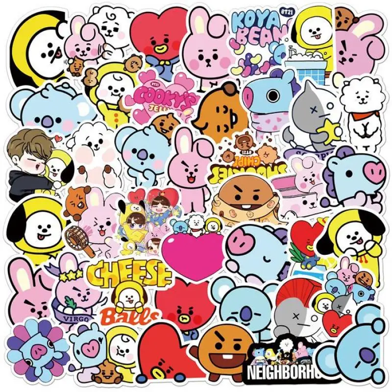 50Pcs Anime Cartoon Bt21 Graffiti Sticker Trolley Case Notebook Car Mobile Phone Refrigerator Decoration Waterproof Sticker Gift