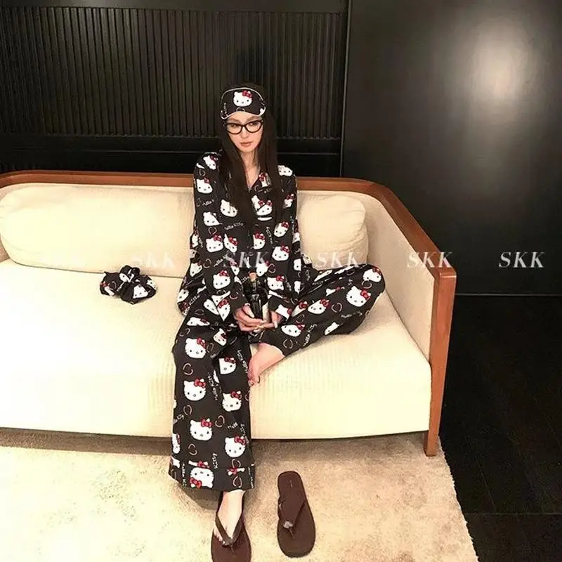 

Hello Kitty Spring Black White Pajamas Set Kawaii Sanrio Cartoon Print Spring Autumn Long Sleeve Trousers Cute Girl Home Clothes