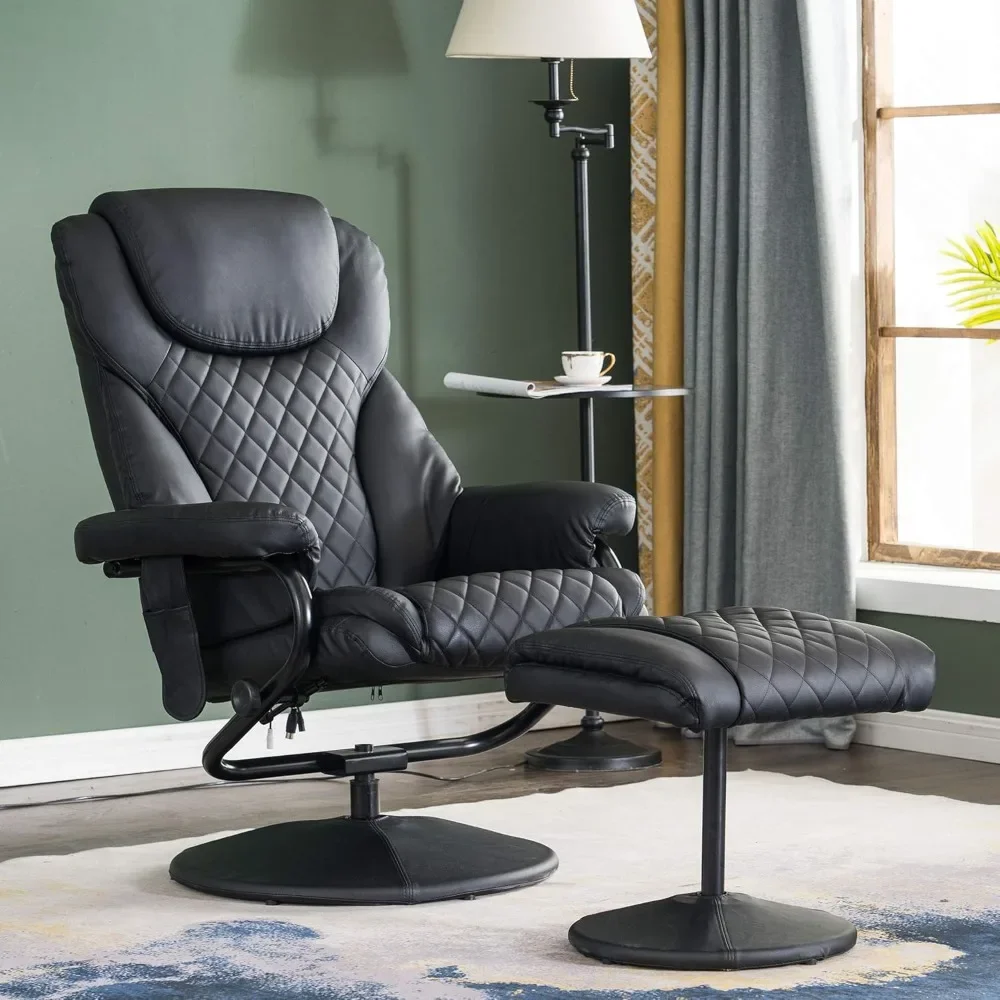 Mcombo Fauteuil Met Poef, Ligstoel Met Massage, 360 Draaibare Woonkamerstoel Imitatieleer, 4901 (Zwart)