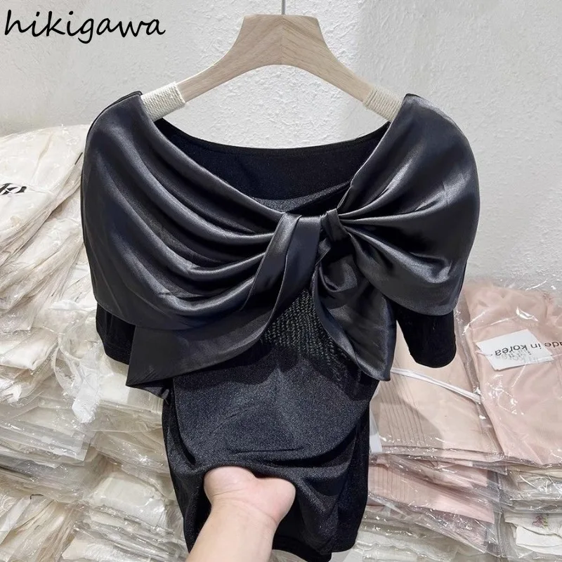 2024 Shirts for Women Korean Solid Color Tshirts Short Sleeve Bow Tunic Tees Fashion Temperament Tops Vintage Summer T Shirt