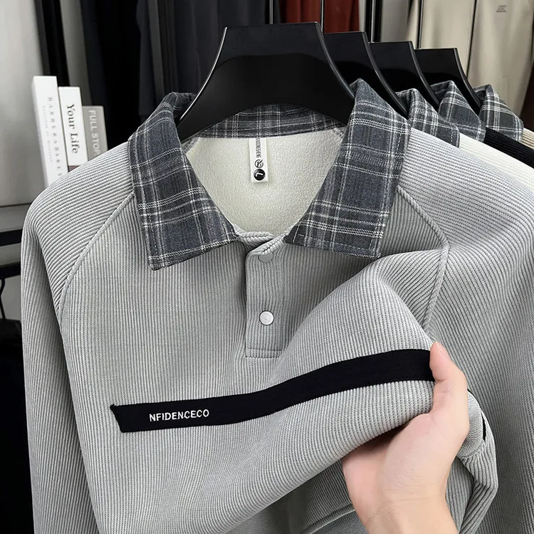 

Thiened Fce Lined Knitted irt Collar Sweater Men's Warm Inner Wear Fake Two-Piece Sle Daily Casual Long Sve Top