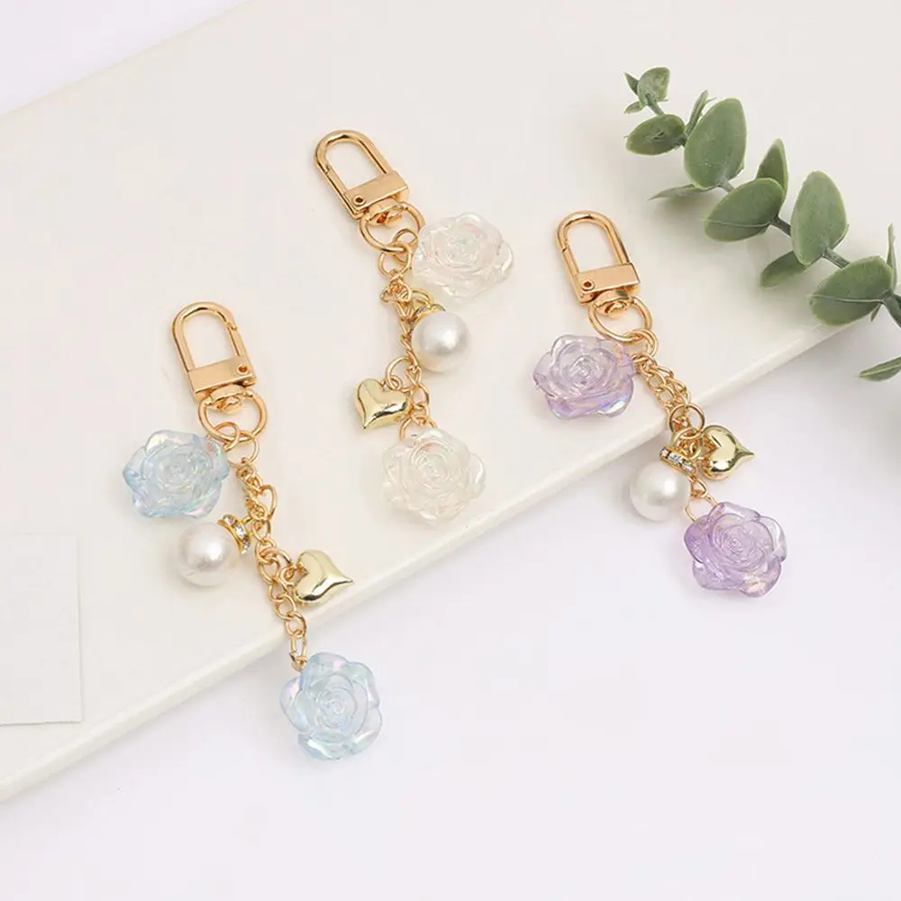 Vintage Rose Flower Pearl Charms Keychain Metal Heart Keyring Women Earphone Cover Pendant Bag Key Chains Decoration Accessories