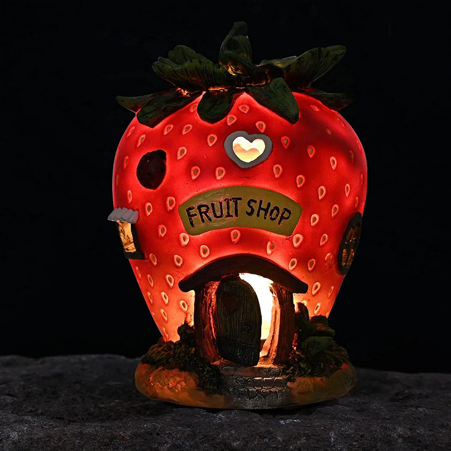 Strawberry Fairy House Solar Powered LED Outdoor Garden Decor Lights Figurines Sculptures for Lawn Yard Decoration