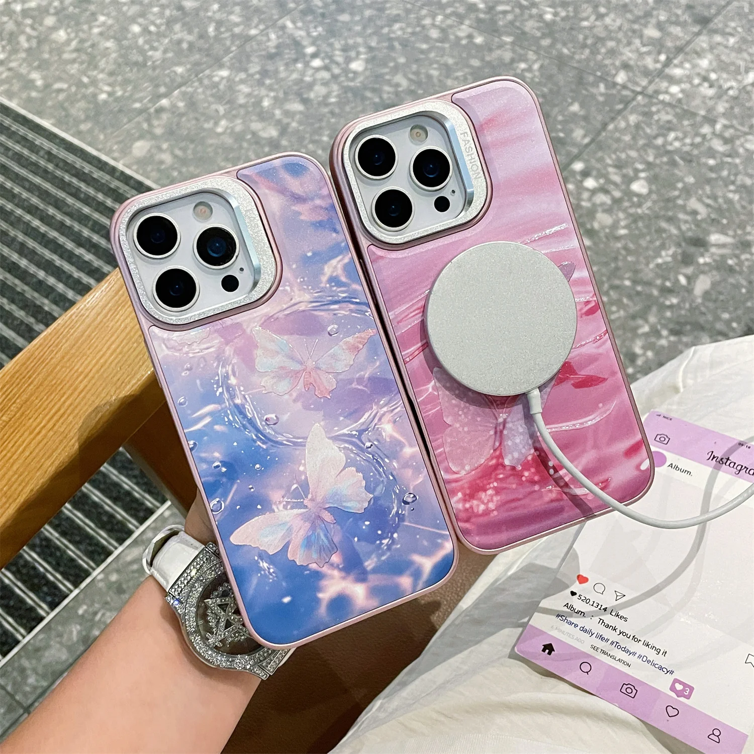 

Роскошный съемный чехол Magsafe 2 в 1, чехол с узором бабочки для iPhone 17 Pro Max 13 14 15 16 Pro 17 Air Camera Stand, магнитный чехол