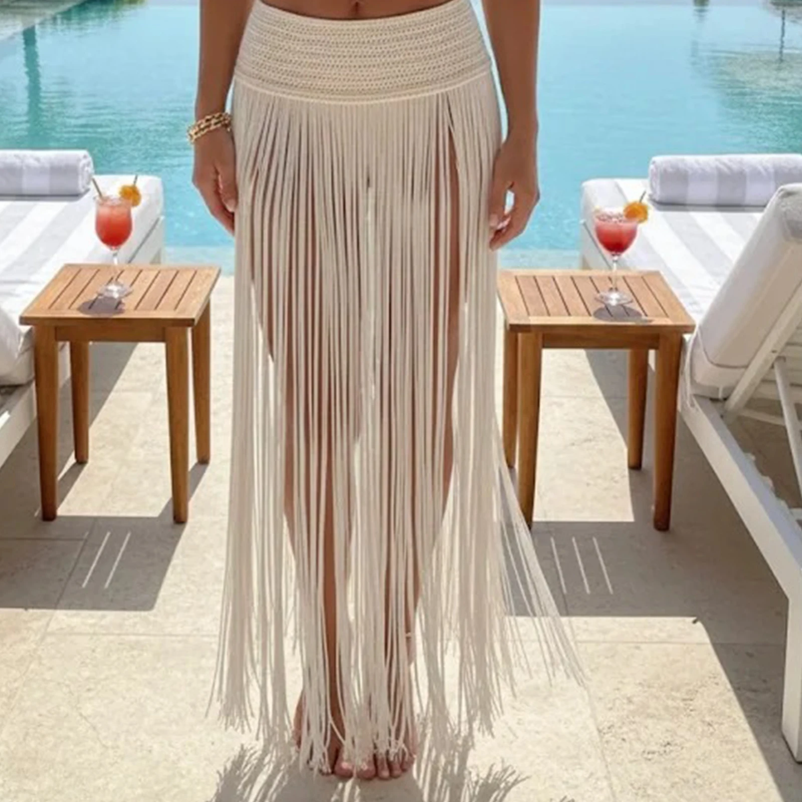 

Women's Crochet Fringe Skirt High Waisted Hollow Out Knit Long Skirts for Summer Beach Cover Up Solid Tassel Floor Length Skirt