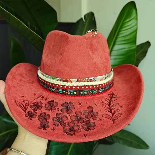 Quemar sombrero de vaquero pintado a mano gamuza hombres mujeres sombrero pluma vintage moda Jazz sombrero sombreros de copa plana Panamá sombrero mujer sombrero británico