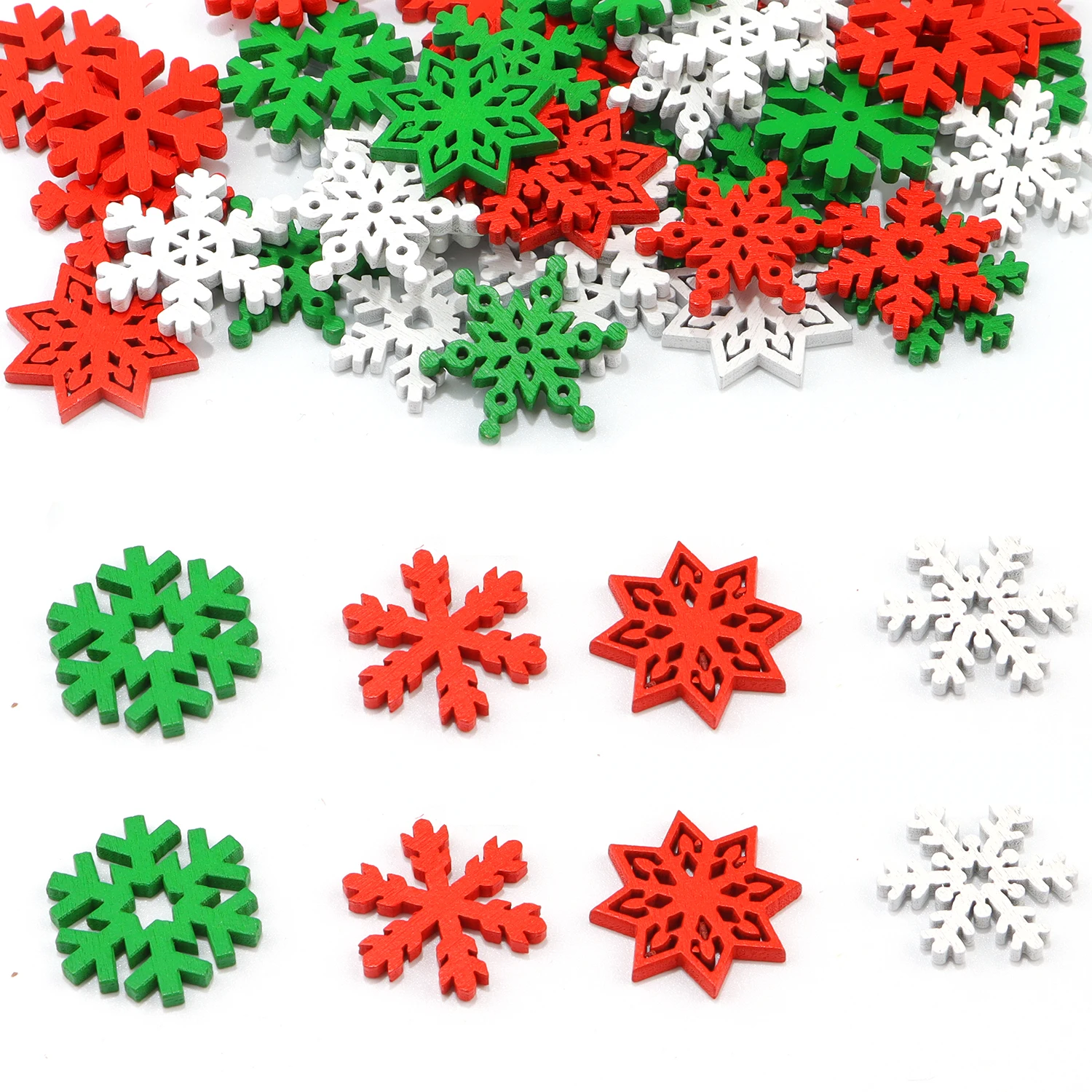 50Pcs Mix Color Christmas Snowflakes Wooden Ornaments for DIY Crafts Scrapbooking Decor New Year Xmas Tree Decoration Supplies