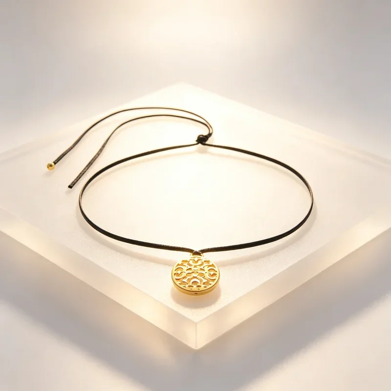 New Gold Openwork Pendant Necklace 100cm Black Cord 40mm Oval Filigree Boho Jewelry