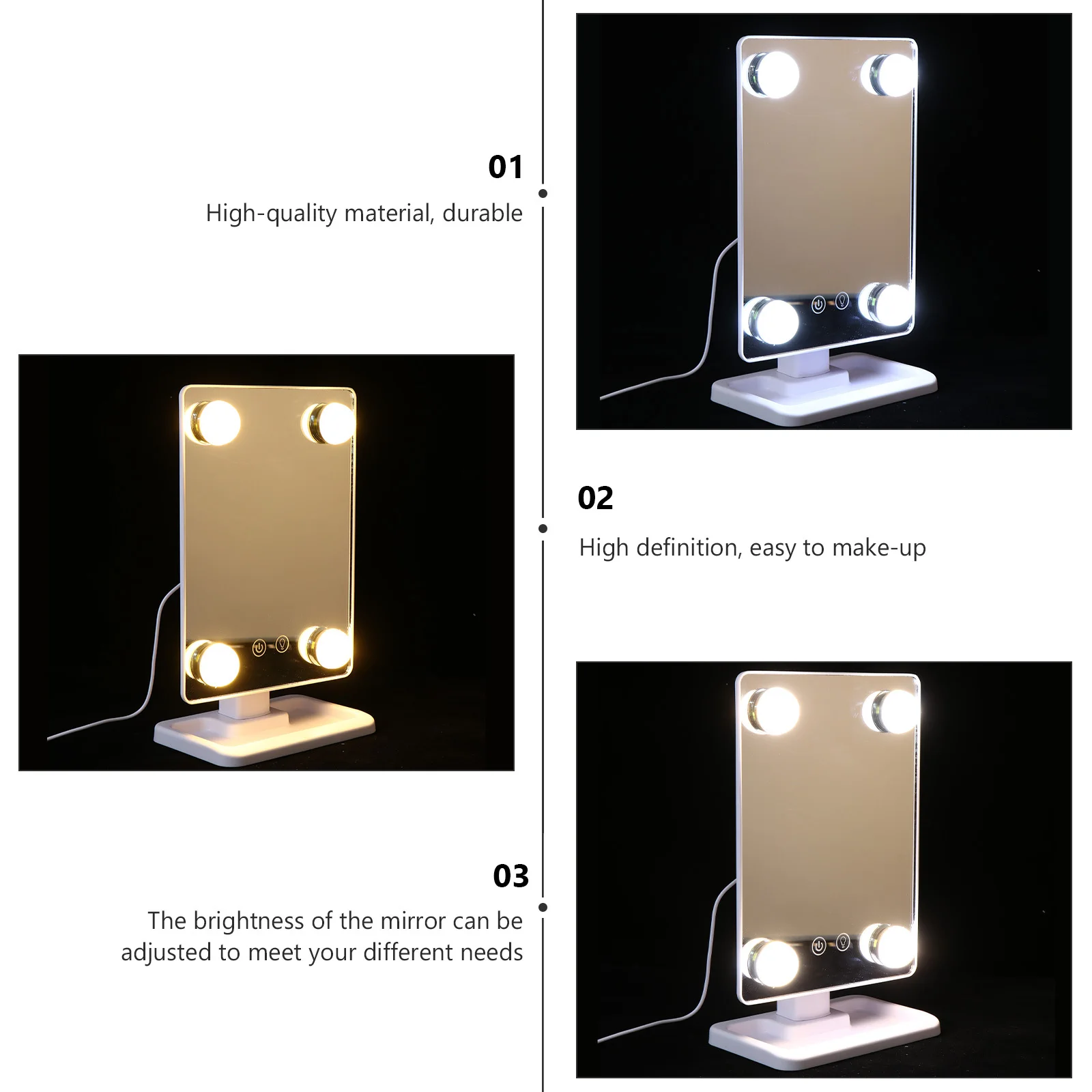 กระจกแต่งหน้าแบบตั้งโต๊ะ LED ปรับแสงได้ 3 โหมด หมุนได้ สำหรับผู้หญิง ใช้ในห้องน้ำ โต๊ะเครื่องแป้ง ปลอดภัย