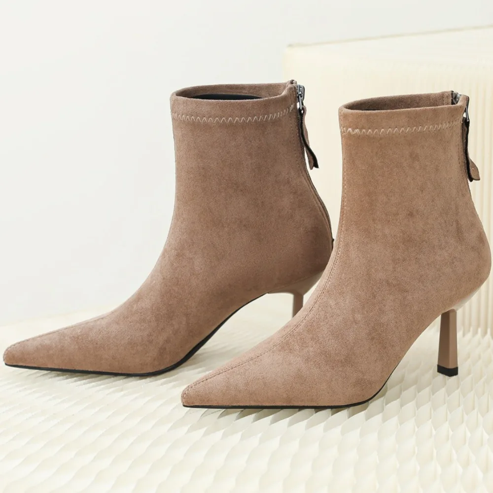 أحذية نسائية من جلد الغزال للخريف والشتاء أحذية نسائية جديدة بكعب عالٍ وسحاب أحذية نسائية قصيرة للمرأة #2