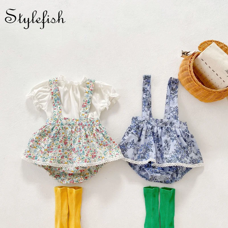 

summer ins infant baby triangle strap floral + fungus edge bottomed shirt jumper baby girl clothes clothing set clothes