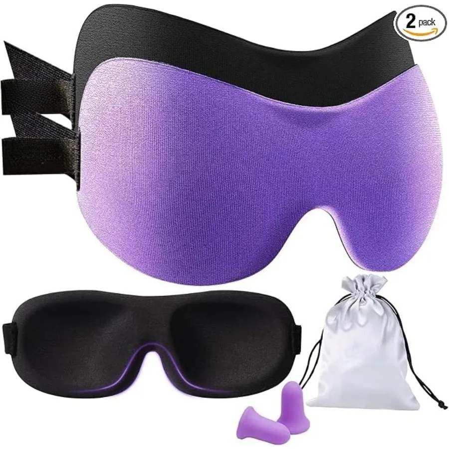 

3D Sleep Mask 2 Pack, Eye Mask for Side Sleeper - 3D Contoured Sleeping Mask Block Out Light for Men Women- No Eye Pressuer Night Masks with Ear Plugs & Travel Bag (Black＆Purple)