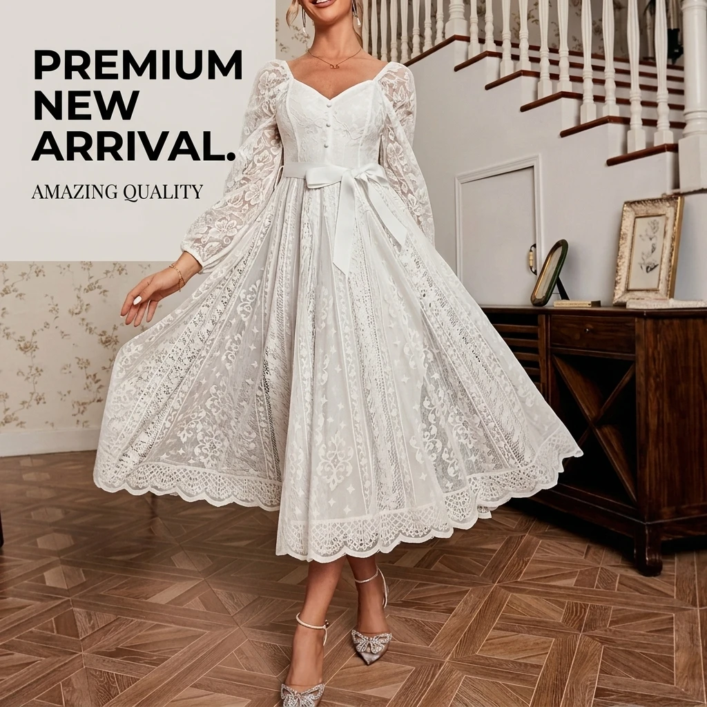 Evening Dress Women Elegant V-Neck Lace Long Sleeve Retro A-Line Swing Party Gown Vintage Wedding Guest Maxi Dress