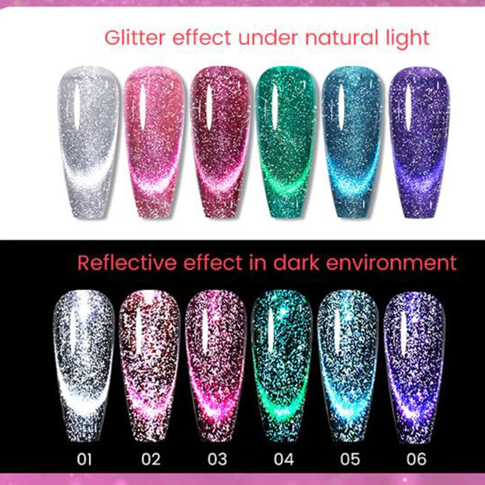 8ML Odblaskowy Cat Magnetic Gel Nail Polish Shining Diamond Silver Glitter Cat Eye Gel Semi Permanent Soak Off UV Gel Varnishes