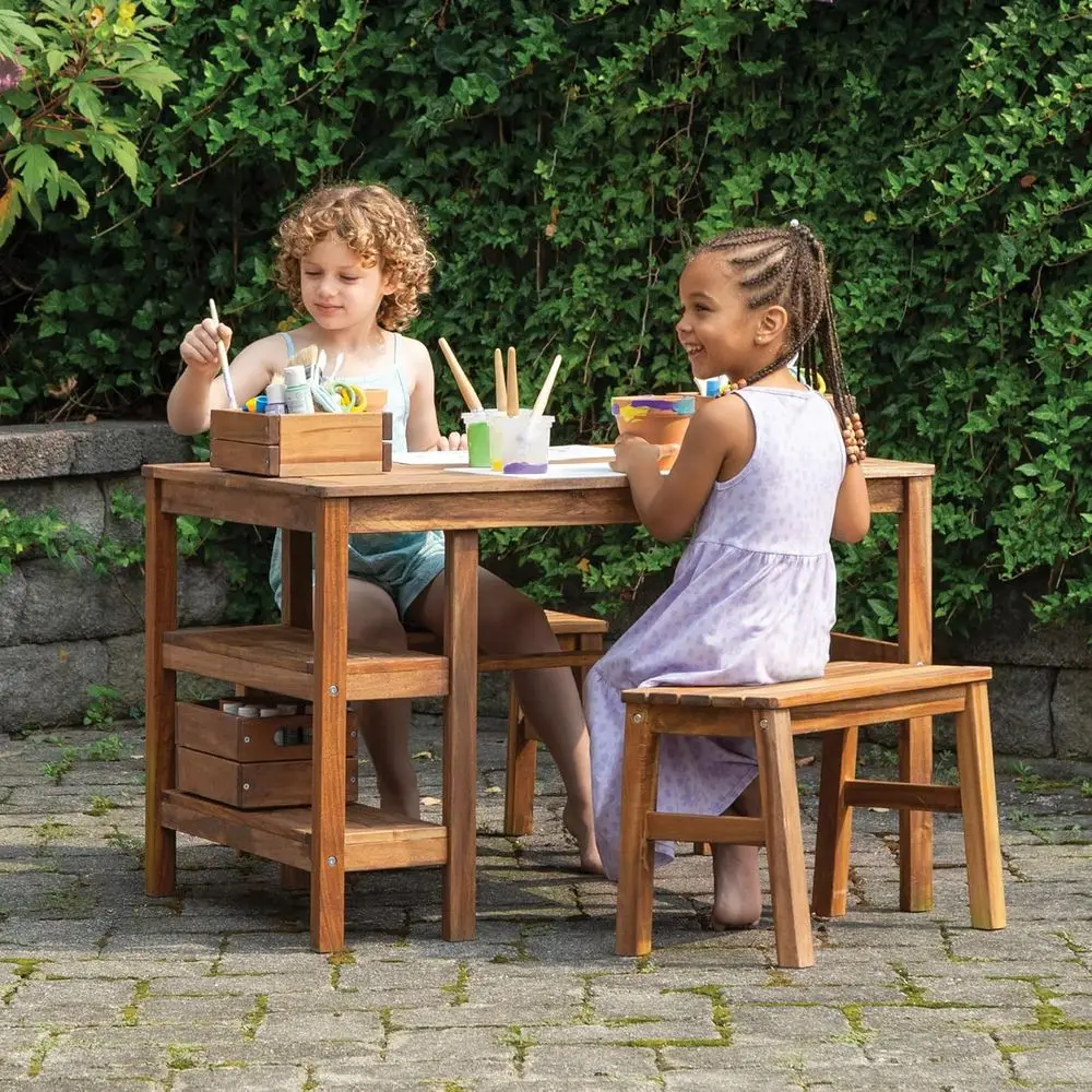 

Acacia Wood Outdoor Kids Craft Table with Storage and Benches for Play, Picnics, and Learning