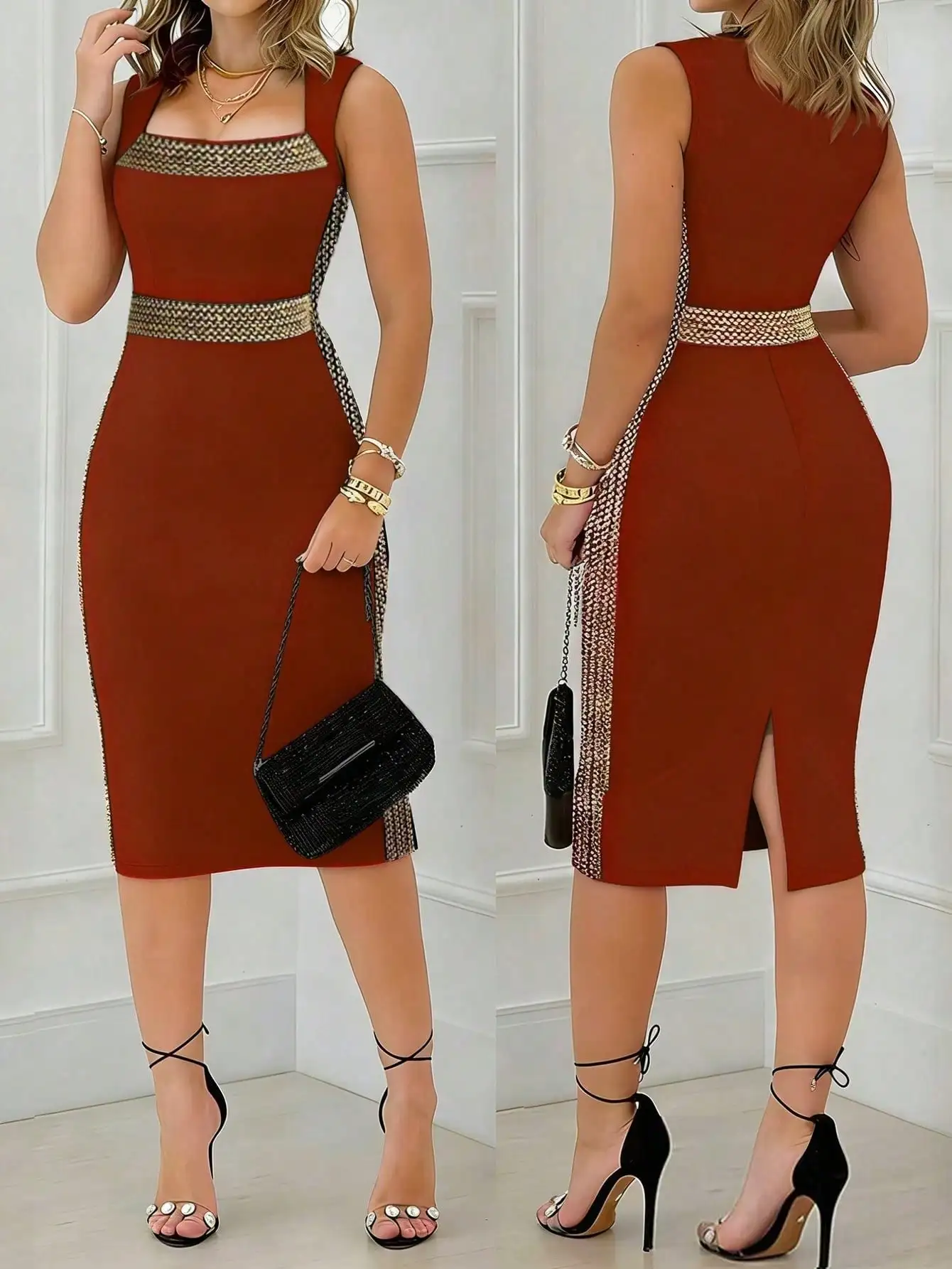 Vestido midi ajustado en color óxido o negro con ribete lateral de cadena dorada y banda de lentejuelas, mezcla de poliéster, lavable a máquina.