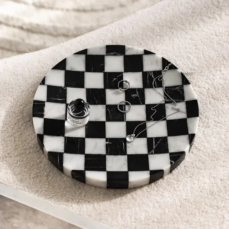 Wabi-sabi Nordic Vintage Marble Serving Tray, Checkered Pattern Decorative Dish for Fruit Dessert, Luxury Home Decor Art Prop