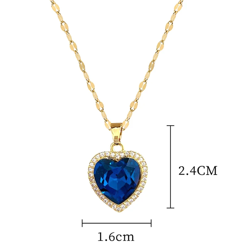 Stainless Steel Gold Plated Light Luxury Charm Blue Zirconia Heart Necklace For Women Girl Gorgeous Party Jewelry 2023
