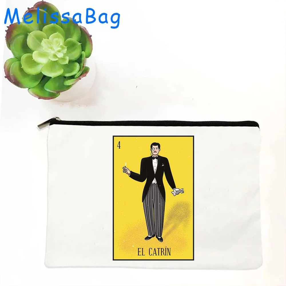 Mexico El Catrin Muertos Tarot BANDERA ESTRELLA SIRENA ROSA Loteria Card Mexican LOTTERY Canvas Cosmetic Makeup Bags Pencil Case