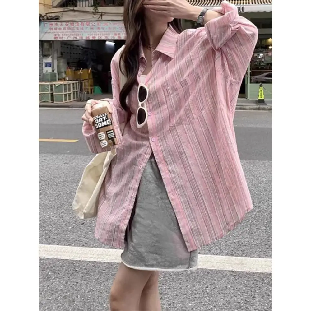 Sun Protection Pink Striped Blouse Elegant Oversize Turn-down Collar Blusas Tops Long Sleeve Figure Flattering Women Shirt